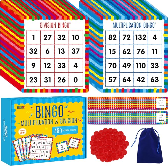 SpriteGru Multiplication & Division Bingo Game, 480 Math Problems, 2 Educational Math Board Game for Kindergarten and Preschool Kids 4-8, Perfect for Classroom & At Home (Up to 25 Players)
