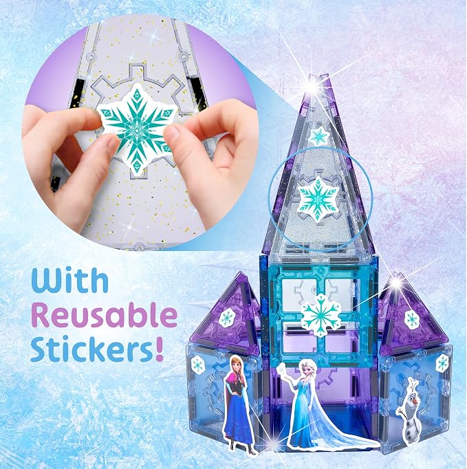 Tytan Toys Disney Frozen Magnetic Tiles Princess Castle - 20-Piece STEAM Building Set with Glitter Tiles & Elsa, Anna, Olaf Stickers - Educational Frozen Toys for Girls Age 3-4+
