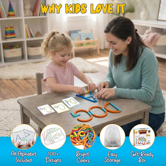 182pcs Wooden Montessori Smart Sticks and Rings Puzzle Game for Kids, Wooden Pattern Blocks Learning Set with 50+ Double-Sided Cards, A-Z Alphabet Cards, Fine Motor STEM Toy for Ages 3+