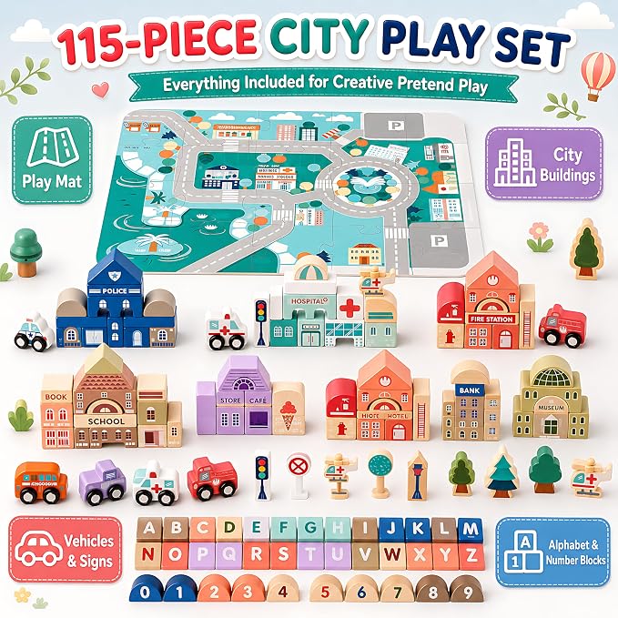 Migargle Wooden Building Blocks Set, 115 Pcs City Construction Stacker Stacking Preschool Learning Educational Toys, Toddler Toys for 3+ Year Old Boy and Girl Gifts