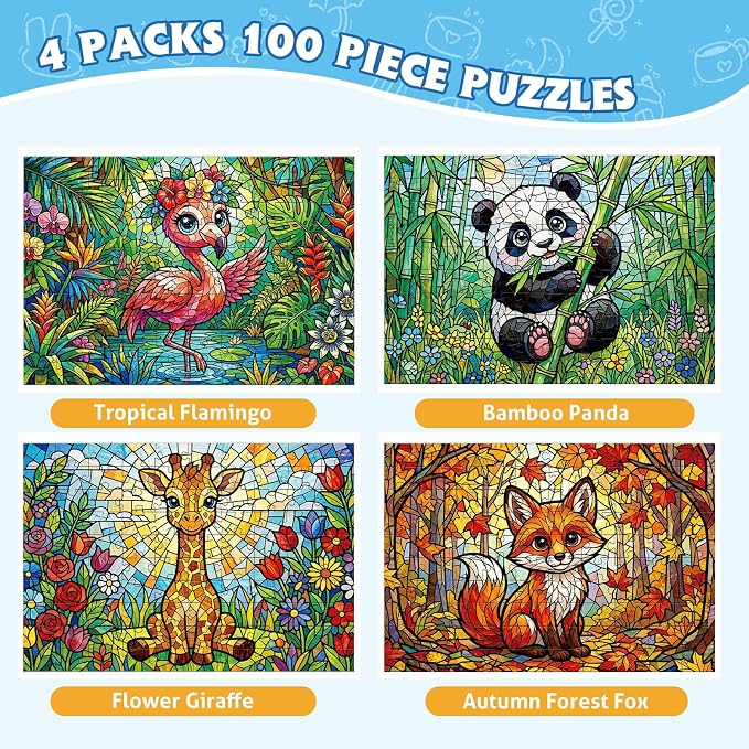 4-Pack 100 Piece Puzzles for Kids Ages 4-8 6-8 8-10, Panda Giraffe Kids Puzzles Ages 4-6 5-8 8-10, Flamingo Fox Stained Glass Forest Animal Puzzle 100 Pieces, Educational Jigsaw Puzzles Gifts 15x10in