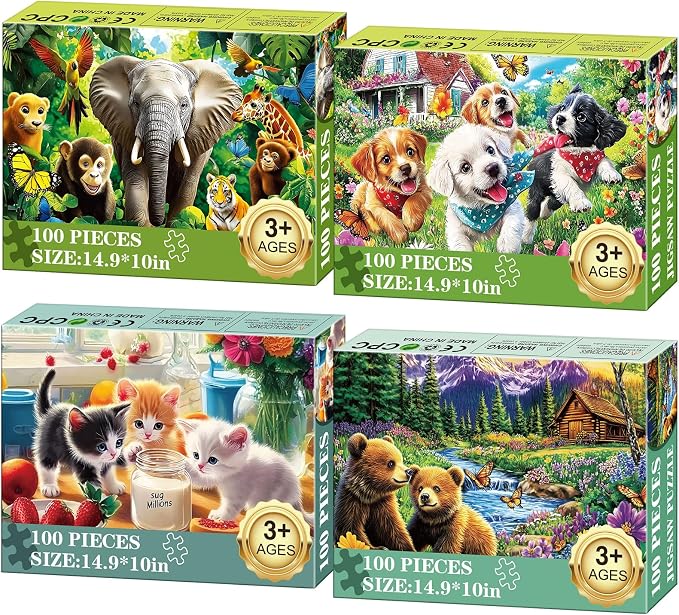 4-Pack 100 Piece Puzzles for Kids Ages 6-8 8-10 - Large Piece Puzzles for Adults Seniors Kids, Dogs Cats Bears Animals Jigsaw Puzzles for Kids Ages 4-6,Learning Educational Toys Gifts for Boys Girls