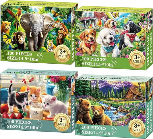 4-Pack 100 Piece Puzzles for Kids Ages 6-8 8-10 - Large Piece Puzzles for Adults Seniors Kids, Dogs Cats Bears Animals Jigsaw Puzzles for Kids Ages 4-6,Learning Educational Toys Gifts for Boys Girls