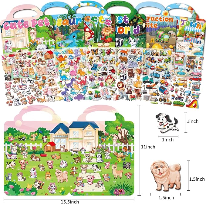 Kalysky 6 Set (260pcs) Reusable Sticker Books for Toddlers 1-3 2-4, Kids 3D Puffy Stickers (Dinosaurs, Forest, Town, Pets, Construction, Insects), Sticker Activity Books