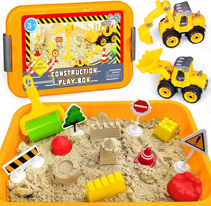 Construction Sensory Bin，Sand Kit Gift for boys girls, Sensory Play Toys | Sand Kit with Sensory Sand, Glow Stones, Excavator, Construction Toys for Creative Play Ages 3+