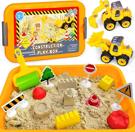 Construction Sensory Bin，Sand Kit Gift for boys girls, Sensory Play Toys | Sand Kit with Sensory Sand, Glow Stones, Excavator, Construction Toys for Creative Play Ages 3+