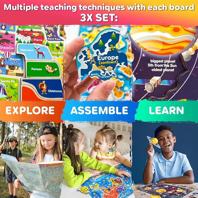 US Map Puzzles for Kids Ages 4-6 - 3 Wooden Toddler Puzzles Ages 3-5 | United States Kids Puzzles Ages 6-8 - Educational Toys for 3 Year Old Boys and Girls - Learning USA Geography for Kids