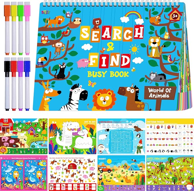 SpriteGru Search & Find Book, 15 Different Searching Games & 15 Fun Activity Games, Montessori Learning Toy Educational Game Travel Toys for Autism Sensory, Preschool, Girls and Boys Ages 3+