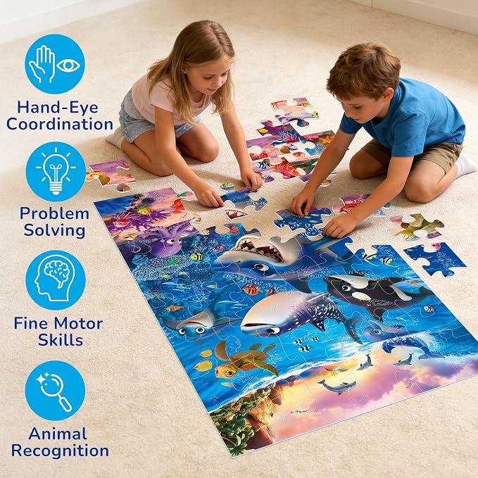 BenBen Floor Puzzles for Kids, 48 Pieces 2 x 3 Feet Ocean Puzzle Ages 3-5 | Extra-Thick Large Piece Jumbo Jigsaw Puzzle for Toddlers, Preschool Educational Toy with Storage Box for Girls Boy