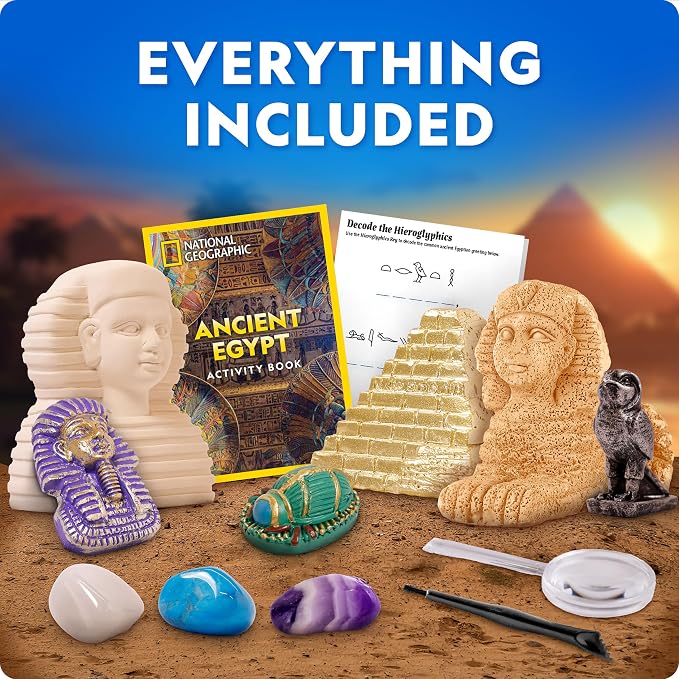 National Geographic Ancient Egypt Dig Kit with Gems and Replica Artifacts | Pyramid, Sphinx & Pharaoh Dig Bricks, Real Gemstones, Replica Artifacts, Excavation Tools, Archaeology Activity