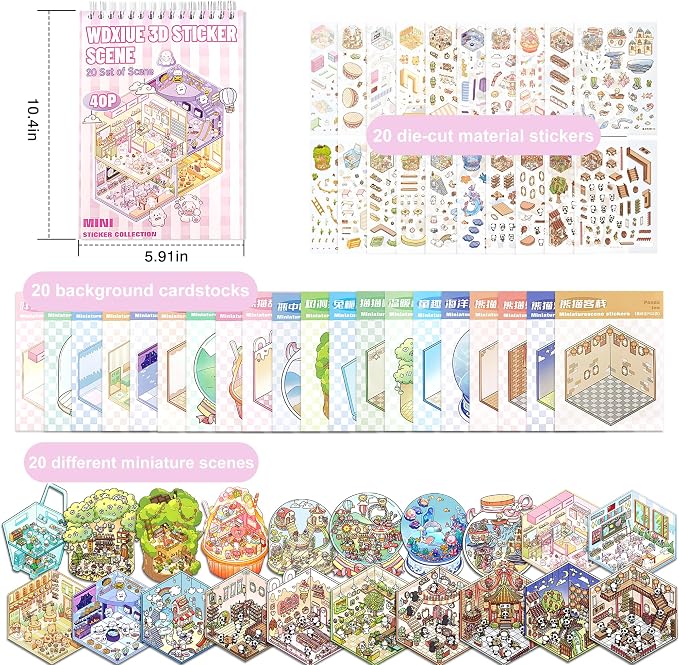Scene Sticker – 20 Sets DIY 3D Sticker Scene Book Cute Cartoon Stickers Kit – Fun Sticker Therapy Activity for Stress Relief, Crafts & Gifts