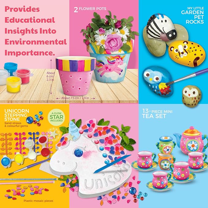 4M Magical Garden Kit for Kids Ages 8-12 – 4-in-1 Craft Set: Paint Flower Pots, Unicorn Stepping Stone with Glow Star, Mosaics & Gemstones, Mini Porcelain Tea Set, Garden Stones, Creative Art Gift