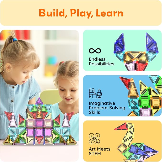 PicassoTiles Nano Magnetic Tiles Travel Set with Storage Tin, Kids Ages 3+ | 39 colorful triangles, 11 squares, lid doubles as a play board, STEM learning, portable screen-free fun, expandable builds