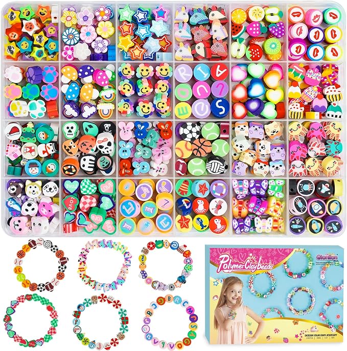 Gionlion 500 Pcs Polymer Clay Beads Bracelet Making Kit，24 Style Animal Fruit Flower Butterfly Bunny Pony Letter Beads Charms for Jewelry Making, DIY Art and Crafts Toys Gifts for 4+ Year Old Kids