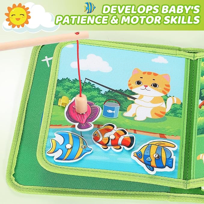Busy Book for Toddlers 1-3, Montessori Toys Busy Board for 1 Year Old, Upgraded Composite Fabric Animal Forest Quiet Book with Fishing Game, Airplane Travel Essential Activities Birthday Gift Boy Girl