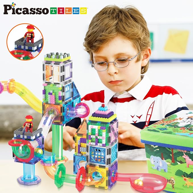 PicassoTiles 650PCS Magnetic Marble Run Tiles and Brick Combo Magnet Tile Building Blocks Magnet Set with Character Action Figures Educational Preschool Learning Toys for Kids Toddlers Ages 3+ PB650