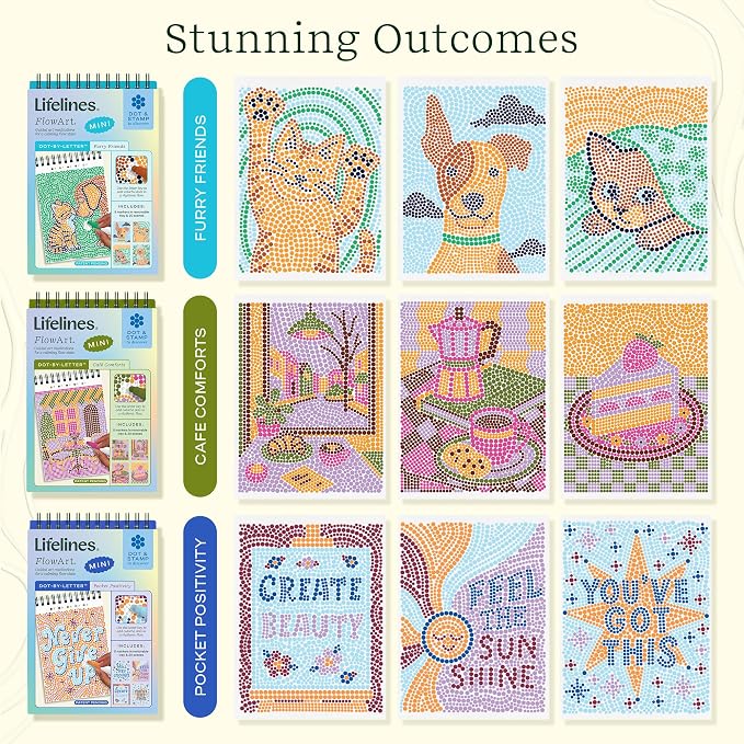 Lifelines FlowArt Mini Activity Pads, 3-Pack, Dot-by-Letter Coloring Books | 15 Markers & 60 Scenes - Guided Art Meditations for Tweens, Adults & Seniors - Dot-by-Letter - Patent-Pending