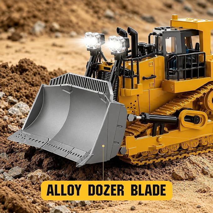 KidsFaves RC Bulldozer with Alloy Blade,Remote Control Construction Toy | 360° Rotating,9-Channel Remote Control Bulldozer Toy with Lights & Sounds for Kids