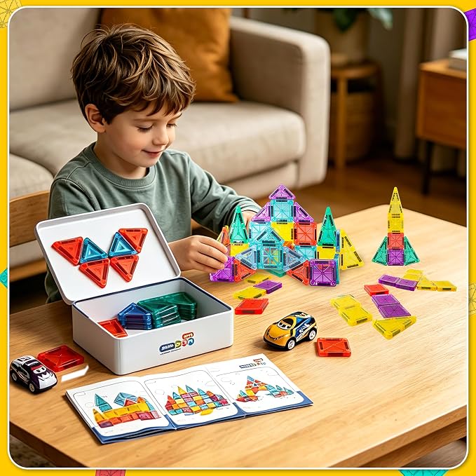 Mini Magnetic Tiles for Kids 43PCS Magnet Tiles Building Travel Toys for Toddlers Magnetiles with Case & Cars STEM Magnets Construction Tile Toy Set Ages 3-6 Boys Girls