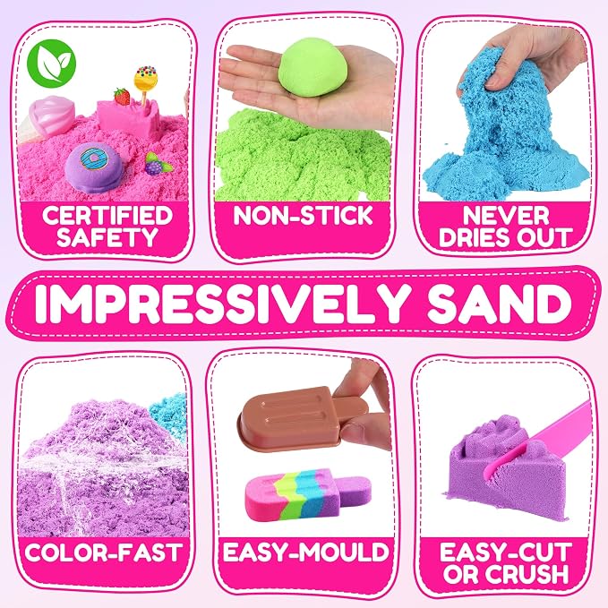 Billeeit. Cake & Ice Cream Sensory Bin Sand Toy, Fun Gift for Kids Girls 3+ | Sand Kit Sensory Toys w/lid and 4 Color Moldable Sensory Play Sand 2.2lbs, Molds, Tools Set 43pcs Total for Toddlers