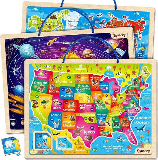 SYNARRY Large USA World Solar System Wooden Magnetic Puzzles for Kids Ages 4-6, Wood Puzzles Educational Games Toys Easter Gifts for Toddlers, United States World Space Map for Boys Girls Ages 3-5 4-8