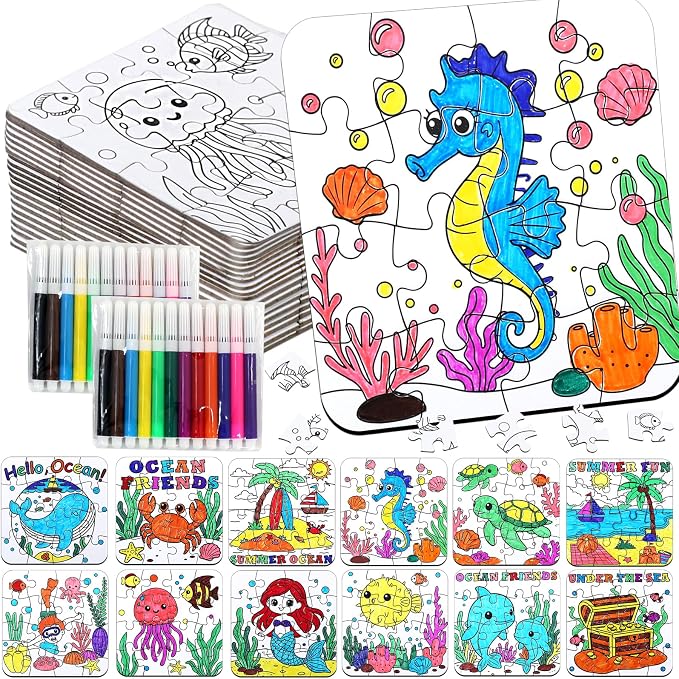 24 Set Summer Crafts for Kids Adults Bulk, Summer Activities DIY Puzzle with Ocean Mermaid Fish Starfish Animal, Camp Beach Arts Jigsaw Classroom Gifts, Under the Sea Theme Party Favors Coloring Games