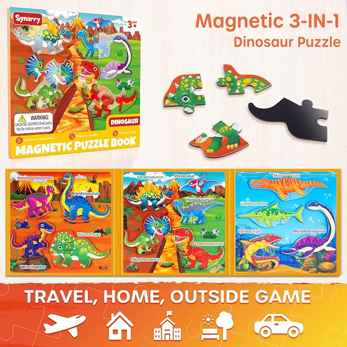 SYNARRY Magnetic Dinosaur Puzzles for Toddlers 3-5, Travel Toys for Kids | with Storage Bag Car Airplane Road Trip Activities Easy to Store Screen-Free Calm-Down Tool Tough Safe Materials Kids Gifts