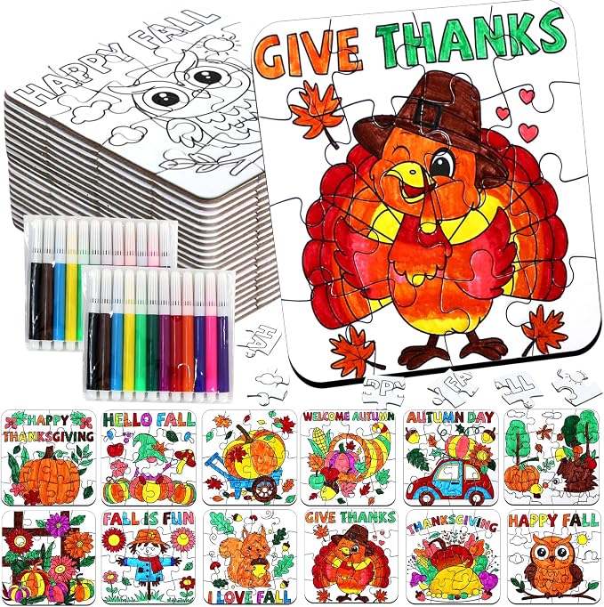 Fall Thanksgiving Crafts for Kids Autumn Activity DIY Arts Kit Puzzle Game | 24 Set Thanksgiving Jigsaw Pumpkin Turkey Owl for Fall Harvest Party Favors Classroom Gifts Blank Coloring Toys Supplies Bulk