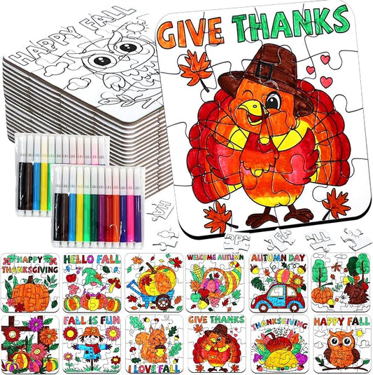 Fall Thanksgiving Crafts for Kids Autumn Activity DIY Arts Kit Puzzle Game | 24 Set Thanksgiving Jigsaw Pumpkin Turkey Owl for Fall Harvest Party Favors Classroom Gifts Blank Coloring Toys Supplies Bulk