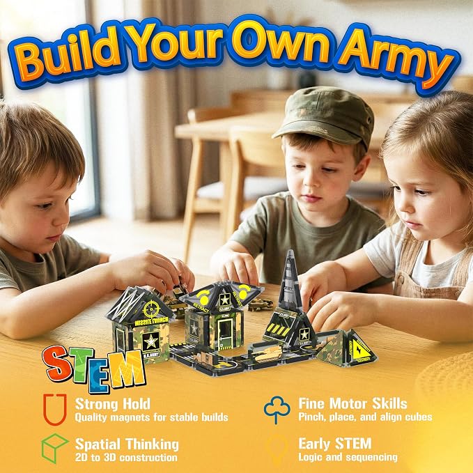 42PCS Mini Magnetic Tiles Army Base Travel Set with Iron Box | STEM Educational Military Building Blocks Magnetic Construction Toy for Kids Ages 3 to 8 Creative Gift for Boys and Girls