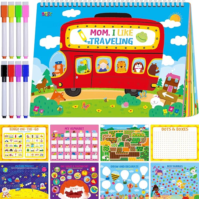 30 Dry Erase Activities Pad, Reusable & Erasable Game Pad, Explore and Find, Maze Matching TIC-TAC-TOE Dot to Dot Words Interesting Educational Toy and Learning Tool for Road Trip Airplane Travel