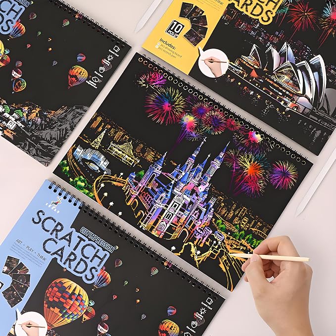 20 PCS Cityscape Scratch Art Book Crafts for Adults Teen, Rainbow Landmarks | DIY Colorful City Series Painting Paper, ASMR Stress-Relief Engraving Kit Scratchboard, travel crafts and creative gifts