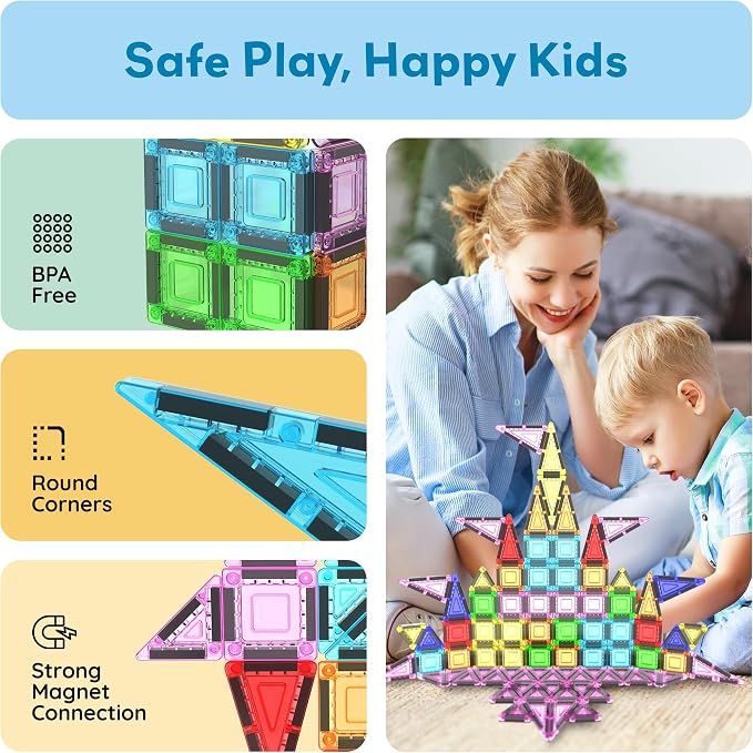 PicassoTiles 65 Piece Magnetic Tiles, STEM Travel Building Set for Kids 3+ | zipper carry pouch bag, portable miniature toy construction, educational Montessori learning, creative birthday gift present