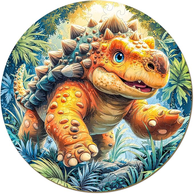 Dinosaur Wooden Puzzles for Kids - Ankylosaurus | 50 Piece Puzzles for Kids Ages 6-8, Kids Puzzles with Unique Animal Shapes, Round Gift for Girls and Boys (11.4 * 11.4 in)