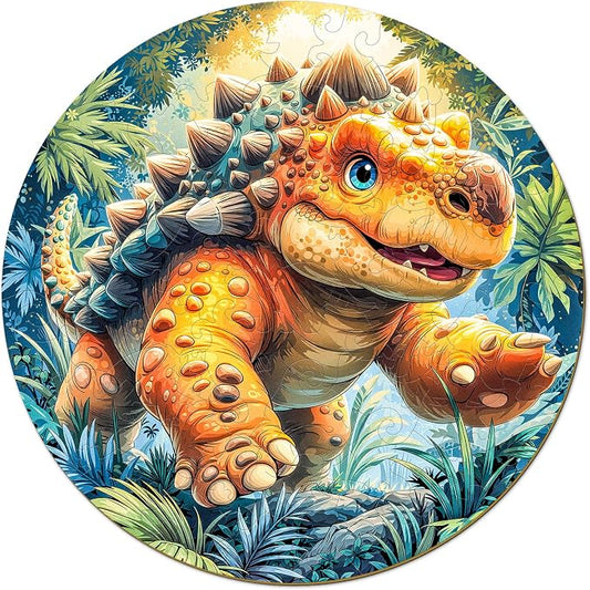 Dinosaur Wooden Puzzles for Kids - Ankylosaurus | 50 Piece Puzzles for Kids Ages 6-8, Kids Puzzles with Unique Animal Shapes, Round Gift for Girls and Boys (11.4 * 11.4 in)