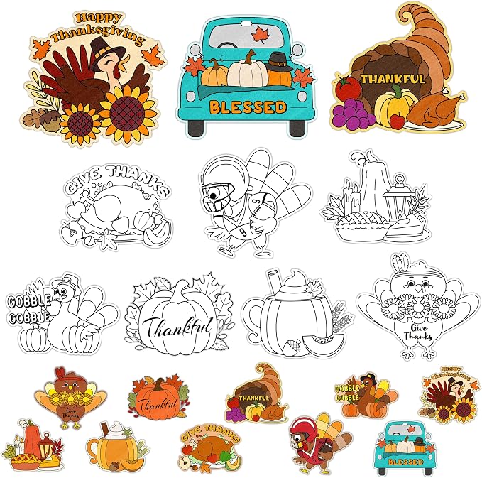 Thanksgiving Coloring Arts Crafts Kits - 30Pcs Fall Color Your Own Magnets for Kids Turkey Pumpkin Blank DIY Coloring Magnets for Autumn Party Fridge Refrigerator School Classroom Activities Decors