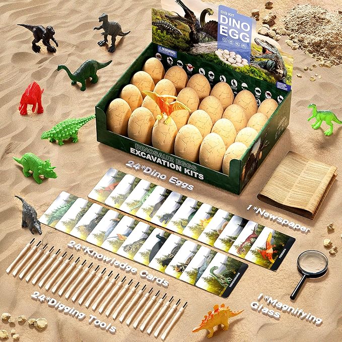 24 Dinosaur Eggs Dig Kit Toys for Kids, Excavation Kit with Magnifier | Easter Basket Stuffers, Science STEM Birthday Party Favors, Gifts for Boys Girls Age 3 4 5 6 7 8 9 10 + Years Old