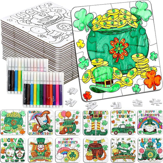 St Patricks Day Crafts for Kids & Adults Bulk, St. Patrick's Day Activities Classroom Gifts, Irish DIY Kits Jigsaw Puzzles with Pot of Gold, Leprechaun Shamrock, March Arts for Party Favors Supplies