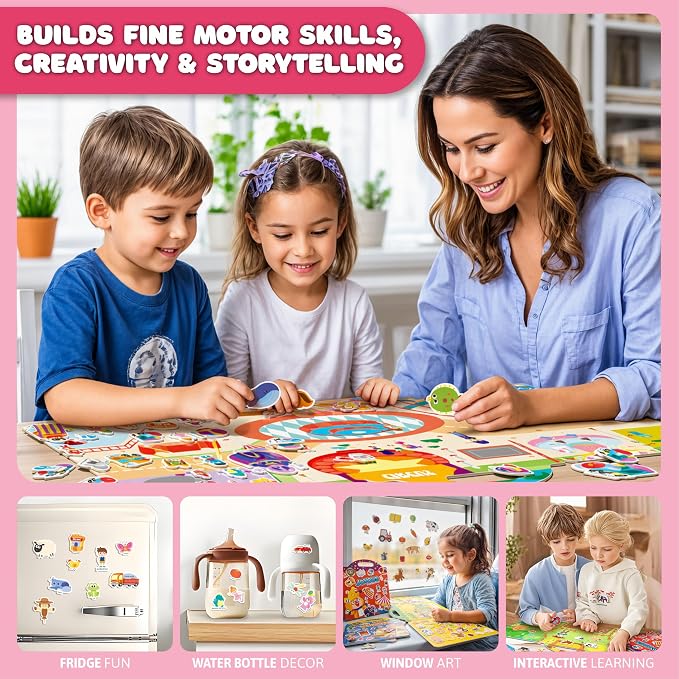 Premium Reusable Jelly Sticker Book Set for Toddlers & Kids – 3 Pack Collection with Castle, Mermaid & Children's Scenes | Washable Silicone Stickers | Screen-Free Travel Activity