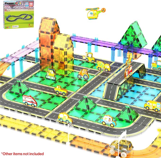 PicassoTiles Magnetic Building Tiles Car Track Magnet Vehicle Adventure Theme Printed Street Road Runway Speedway Highway Block Construction Expansion Add-on Education Learning Toys for Kids 3+ PTE16