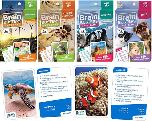 Brain Busters Card Game for Kids, Family Trivia Game Bundle with 120 Flash Cards - Learn and Play with Multiple Choice Trivia Cards About Environment, Insects, Geography and Pets (Ages 6+)