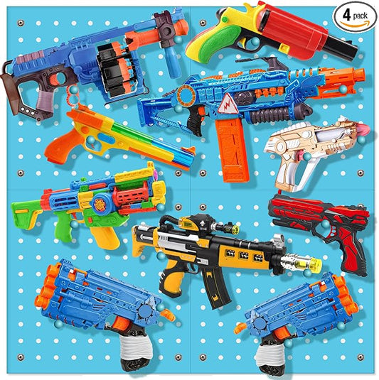 Wooden Peg Board for Nerf Gun Storage Organizer 13 x 13 x 0.31 In - Blue | 4 MDF Panels, 20 Wooden Pegs, Compatible with All Blasters Nerf Gun Rack Organizer for Wall Organization
