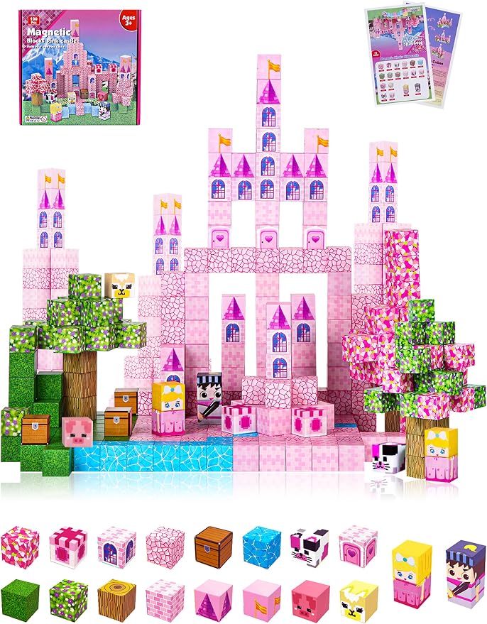 100PCS Princess Castle Magnetic Blocks for Girls, STEM Sensory Building Toys, 3D Magnetic Construction Set for Kids Ages 3-8, Birthday