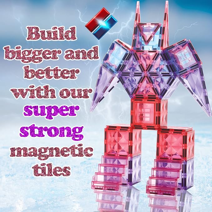 Little Pi 104pcs Frozen Princess Castle Magnetic Tiles Building Blocks - 3D Diamond Blocks, STEM Educational Toddler Toys for Pretend Play, 4 Year Old Girl Birthday Gifts Kids Ages 3 5 6 7 8 - Pink