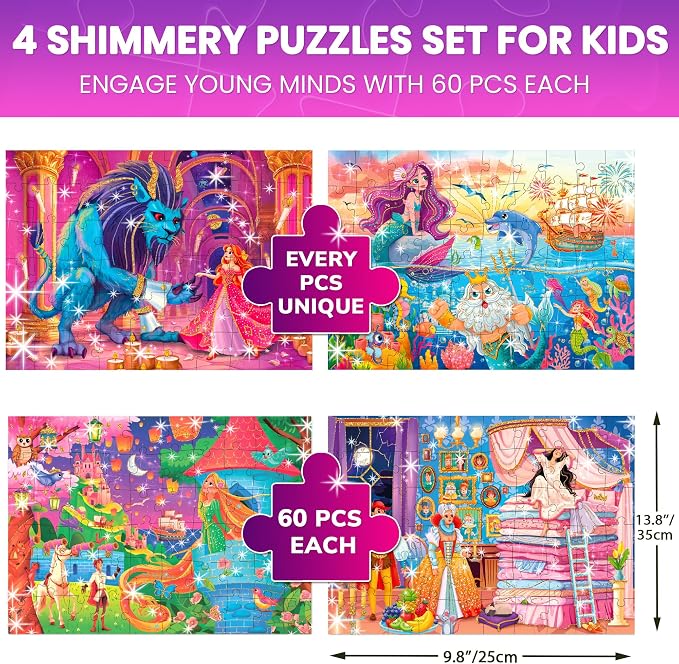 60 Piece Puzzles for Kids Ages 4-6 - 4 Jigsaw Toddler Puzzles Ages 3-5 | Fairy Tale Princess Puzzles - Quiet Time Toys for Preschoolers - FSC Certified Learning Toys - Gift for 5 Year Olds