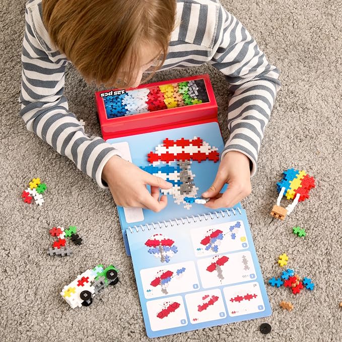 PLUS PLUS Puzzle By Number Activity Pad, Transportation - Building Blocks | Roadtrip Essentials for Kids, Interlocking Waffle Blocks, Stem Toy, Airplane Activities for Kids, Kid Car Ride Must Haves