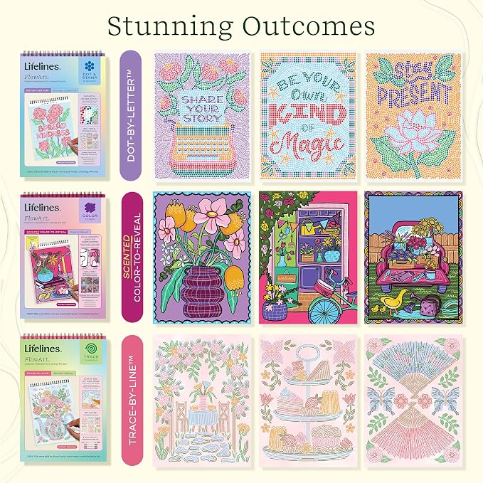 Lifelines FlowArt Activity Pads, 3-Pack, Dot-by-Letter Coloring Books | 12 Double-Sided Markers, 60 Scenes - Guided Dot Art Meditations for Tweens, Adults & Seniors - Patent-Pending