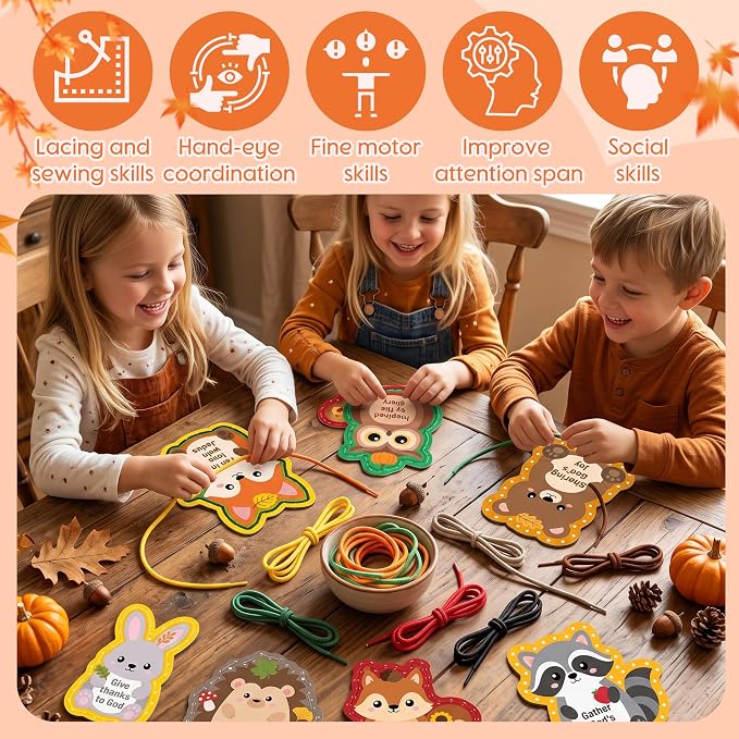 X1zuue Kids Lacing Cards, Fall Animal Sewing Card Kit, Religious Lacing Toy | 9Pcs Double Sided Sewing Cards Imagination Development Lacing Toys Games Kits for Toddlers Educational Learning Activity