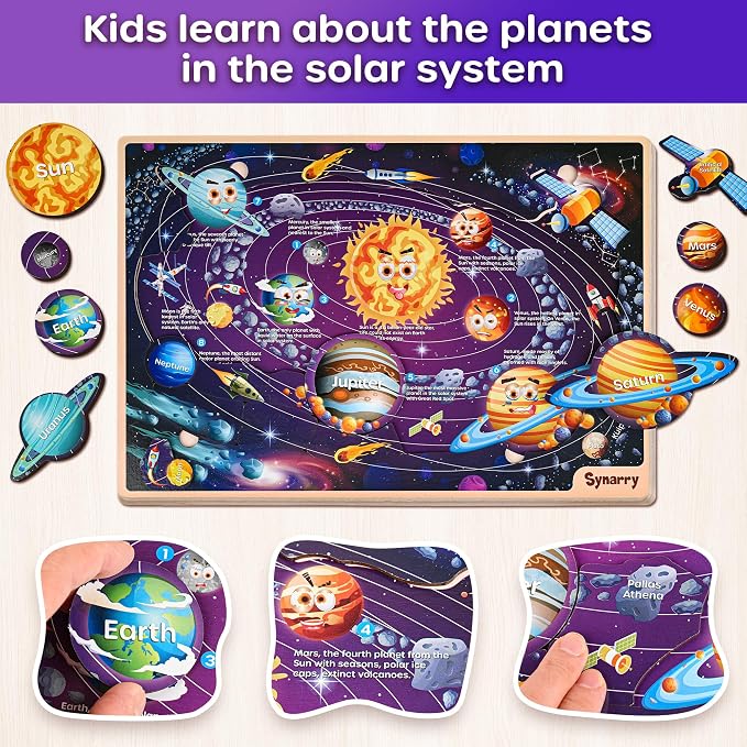 SYNARRY Large USA World Solar System Wooden Puzzles for Kids Ages 4-6, Wood Jigsaw Puzzles Educational Games Toys Gifts for Toddlers, Learning United States World Space Maps for Boys Girls Ages 3-8