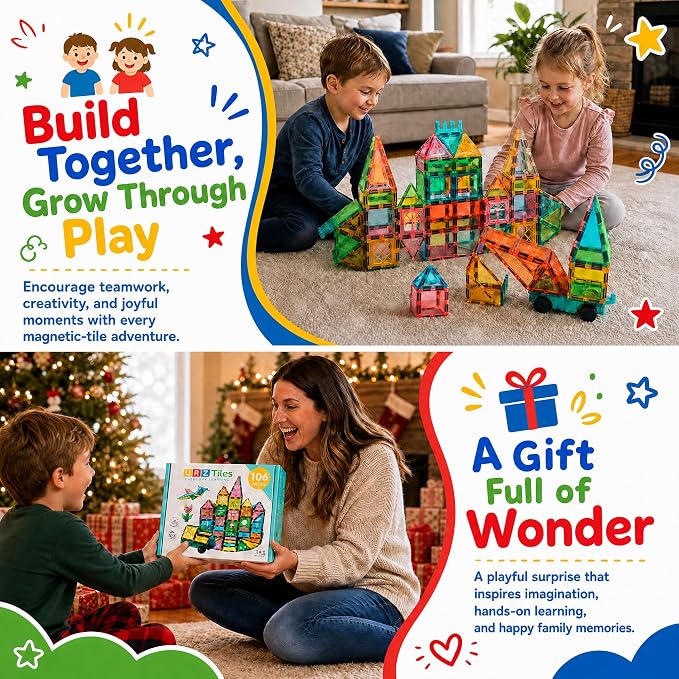 106-Piece Magnetic Tiles for Kids with Car, STEM Building Set | Standard 3-inch tiles, Encourages creativity, imaginative play, and early learning through hands-on exploration